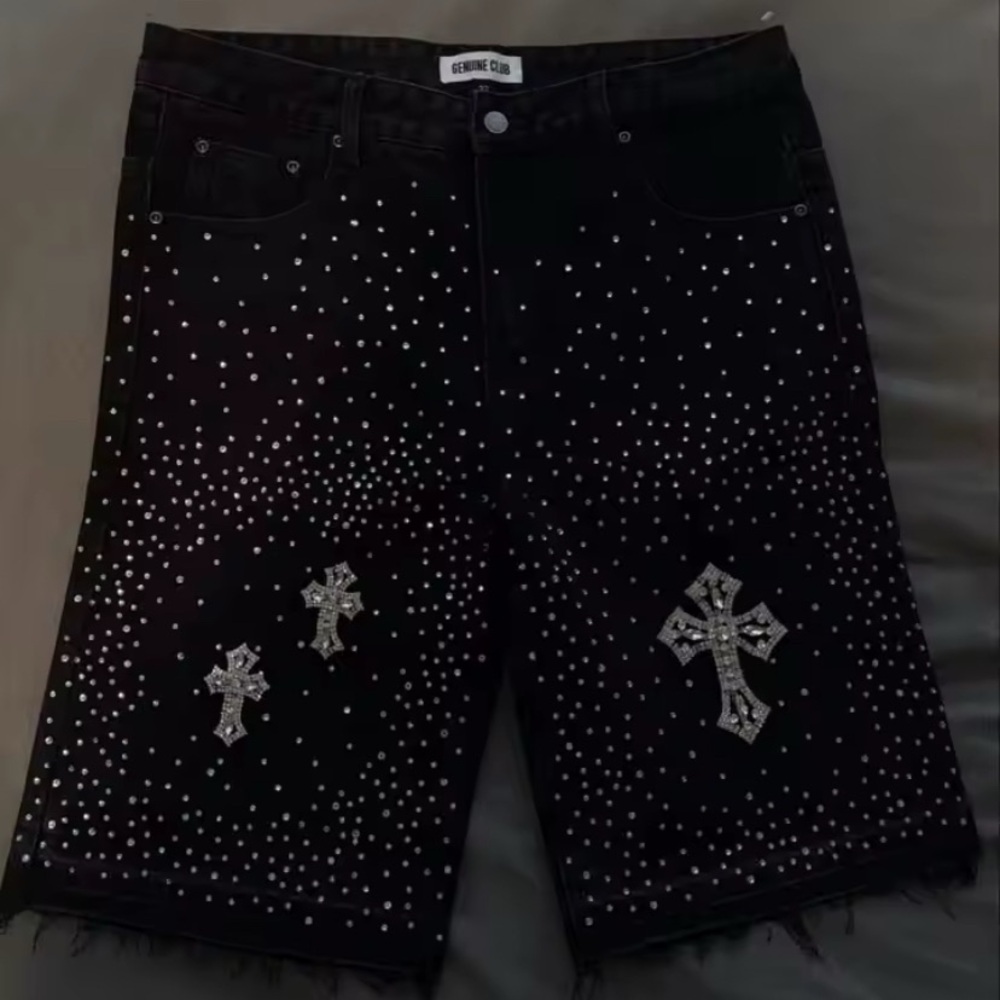 Black Studded Denim Shorts with Cross Design